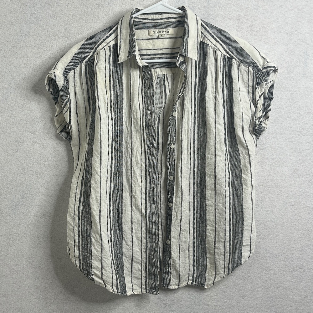 Harper Striped Button Front Short Sleeve Blouse Small Neutral Minimalist